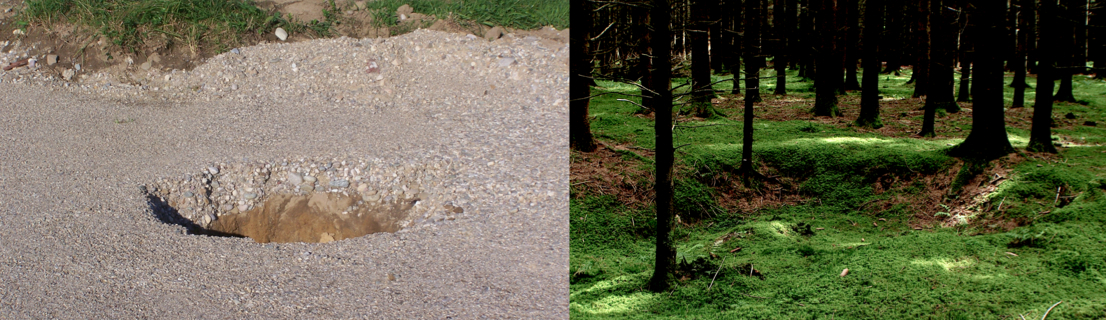 typische Donnerlöcher als Folge der Impakt-Bodenverflüssigung, frisch eingebrochen und etwas älter, im Gebiet von Kienberg