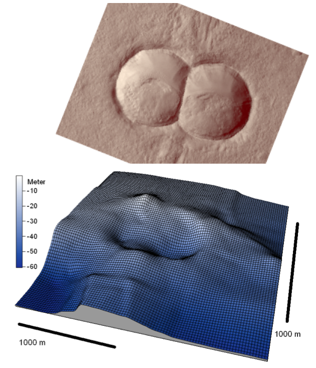 Ähnlichkeit des Chiemsee-Doppelkraters mit einem Meteoriten-Doppelkrater vom Mars