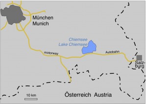 Karte vom Chiemsee in Südost-Bayern mit dem Doppelkrater