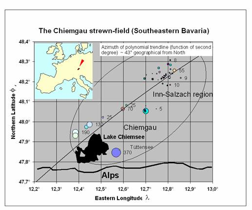 Karte der Meteoritenkrater der Impakt-Streuellipse Chiemgau-Impakt