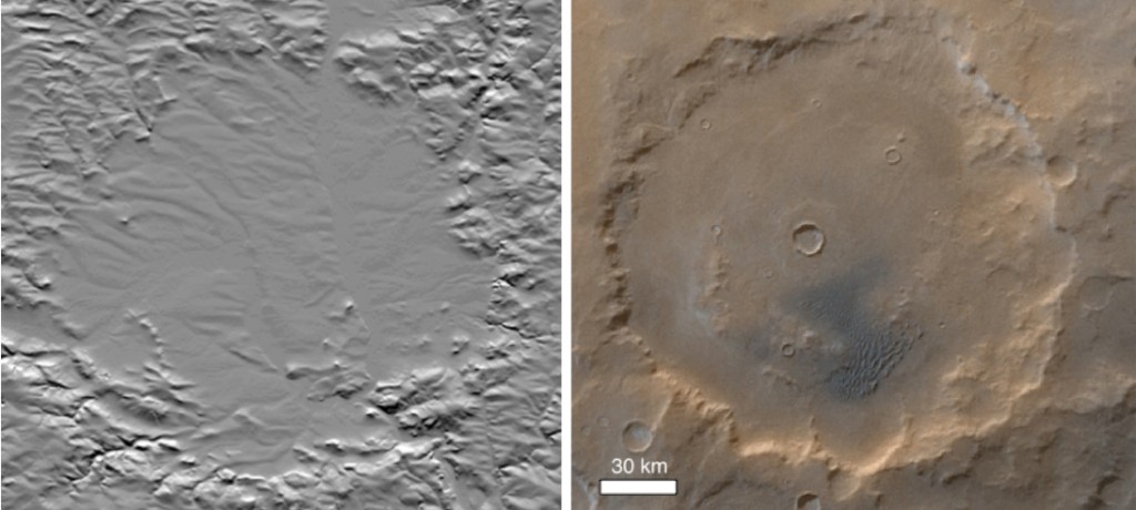 Vergleich der Morphologie vom Ries-Krater und vom Kaiser-Krater, Mars